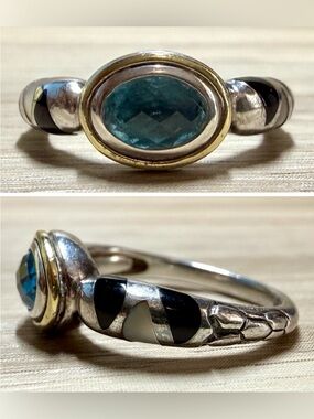 Vintage Modernist Asch Grossbardt Sterling Silver & 18K Gold Blue Topaz Ring